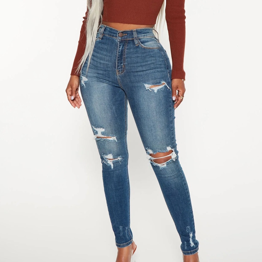 Fashion Nova Dark Denim Distressed Skinny Jeans